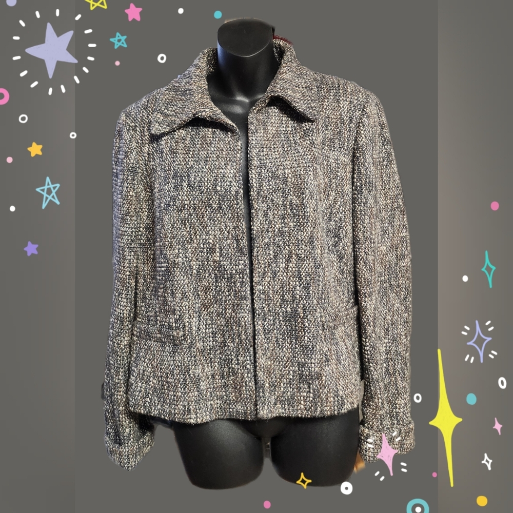 ELLEN TRACY GREY TWEED WITH METALLIC DETAILS OPEN FRONT DESIGNER JACKET SIZE 16
